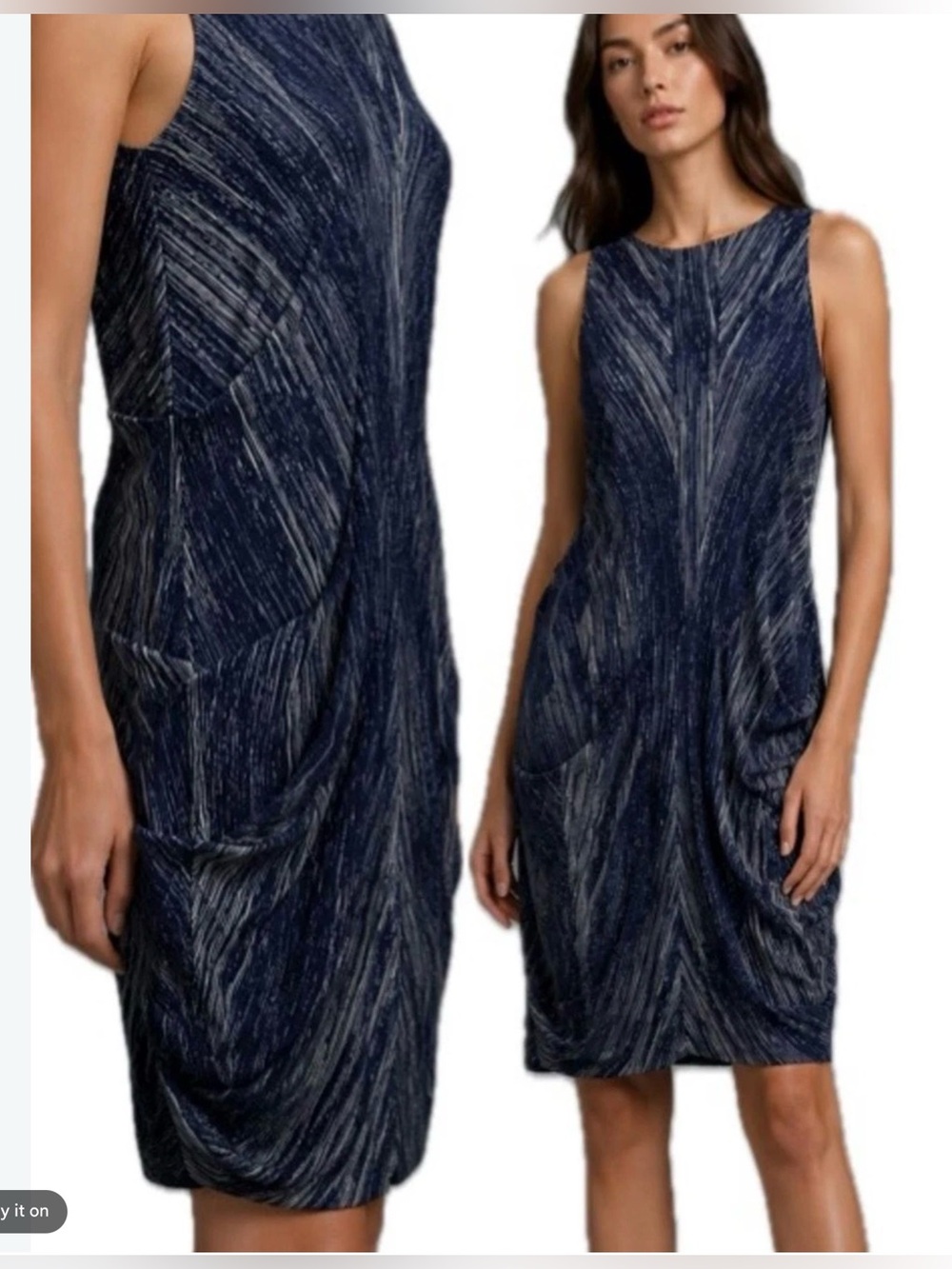 Vivienne Tam Navy and White Marled Sleeveless Midi Dress